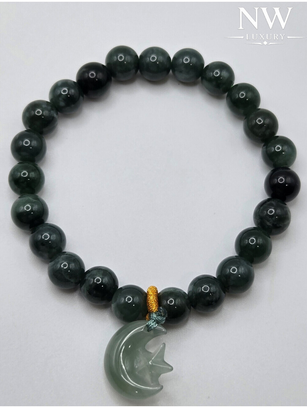 Natural Jadeite Jade A Grade Bracelet 7.5mm Green Beads Moon Star Charm